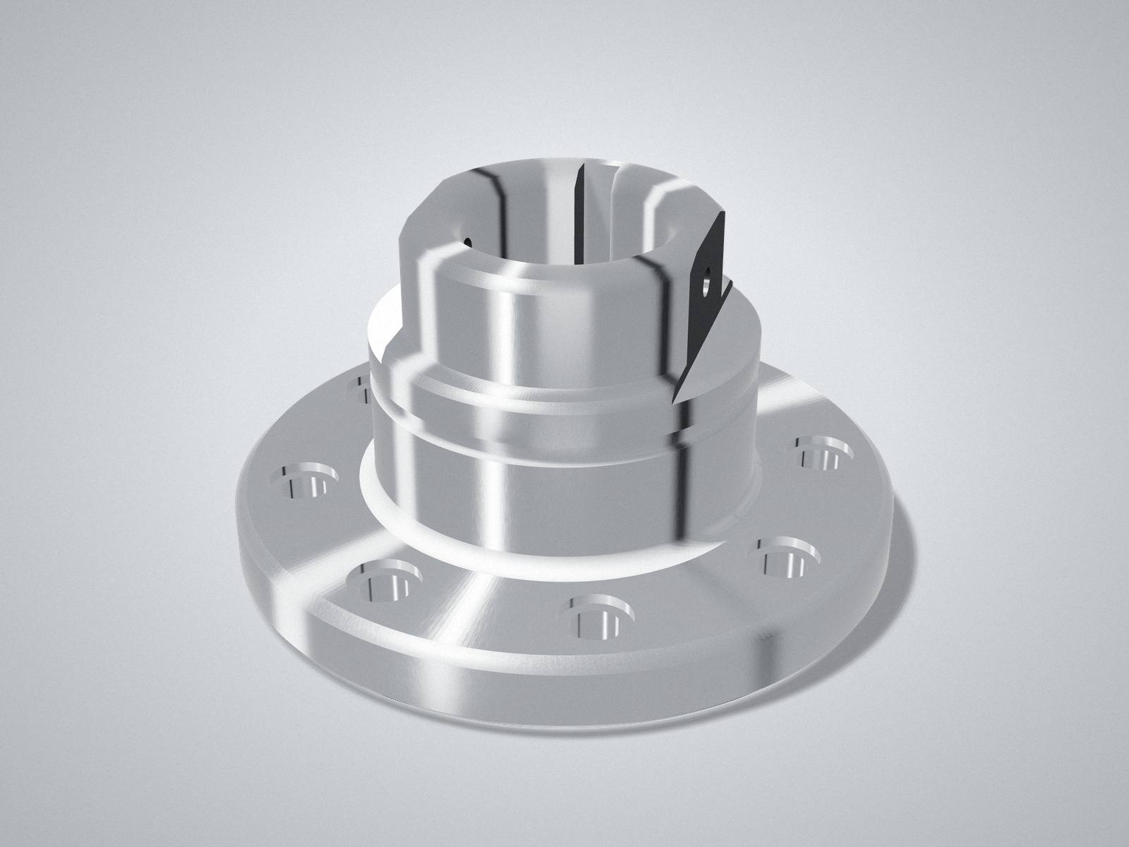 Turned and milled steel flange hub with bolt holes, keyway and machined flats