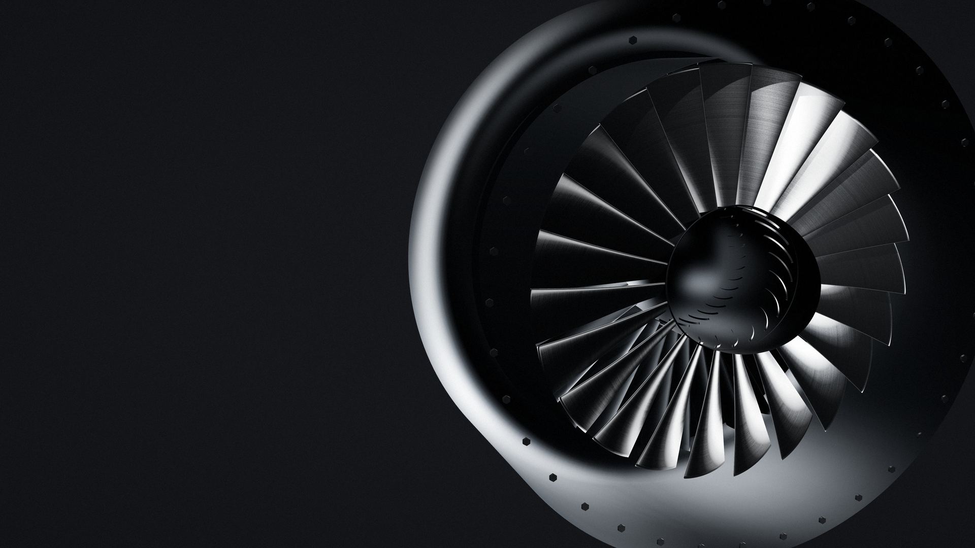 Front view of an axial fan stage with twisted metal blades inside a machined casing